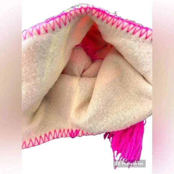 NWOT Full Coverage Beanie Flourescent Pink,Orange,Yellow and Black with Pom Pon - Picture 5 of 5